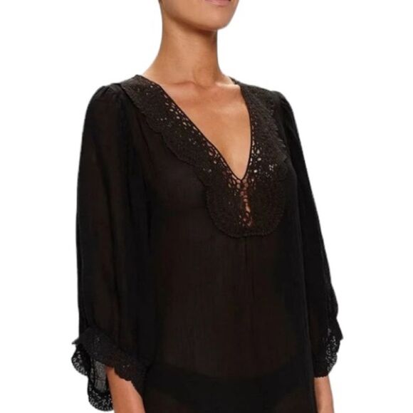 Eberjey Sol Celeste Short Sleeve V-Neck Lace Tunic Swim Coverup Gauze Oversized - Picture 15 of 15